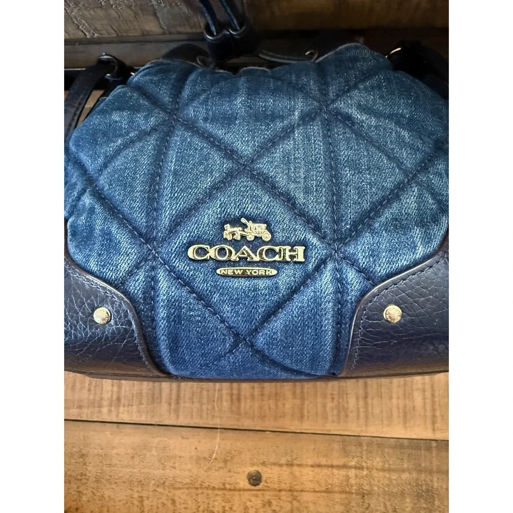 Coach Bucket Bag Womens Small Blue Quilted Denim Leather Drawstring Crossbody